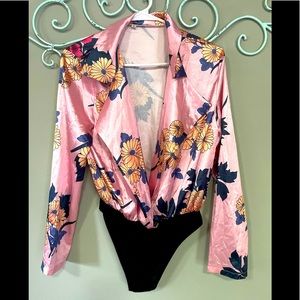 Satin Retro Pink Floral Open Front Bodysuit